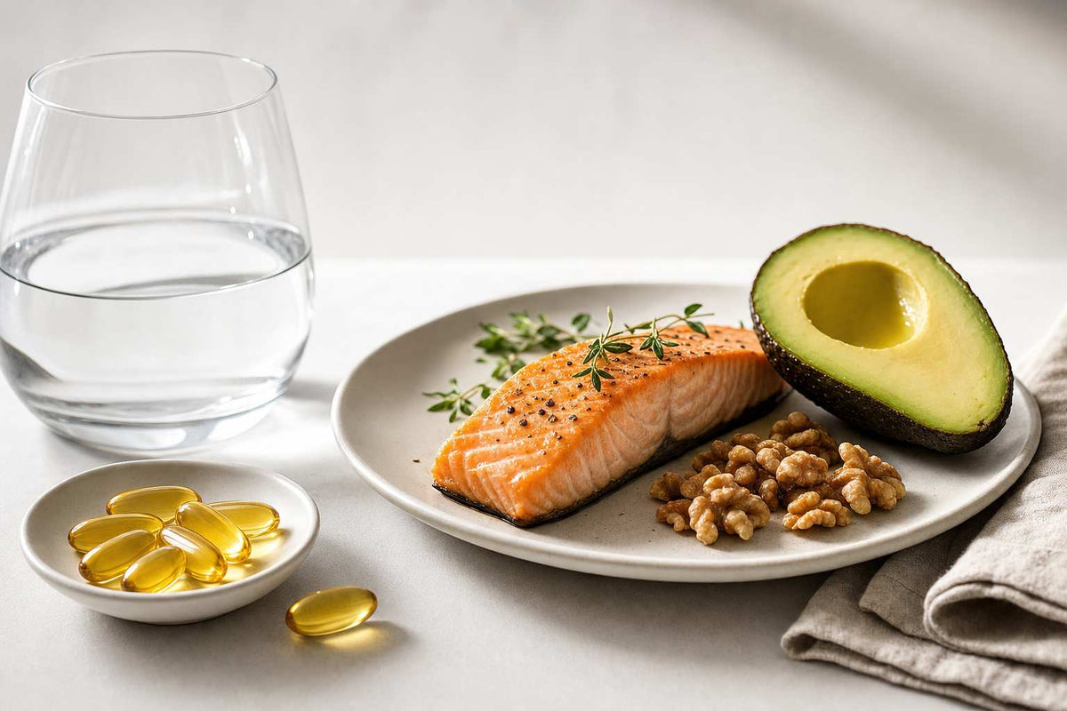 Quando prendere gli omega 3: capsule di olio di pesce accanto a un pasto ricco di grassi buoni