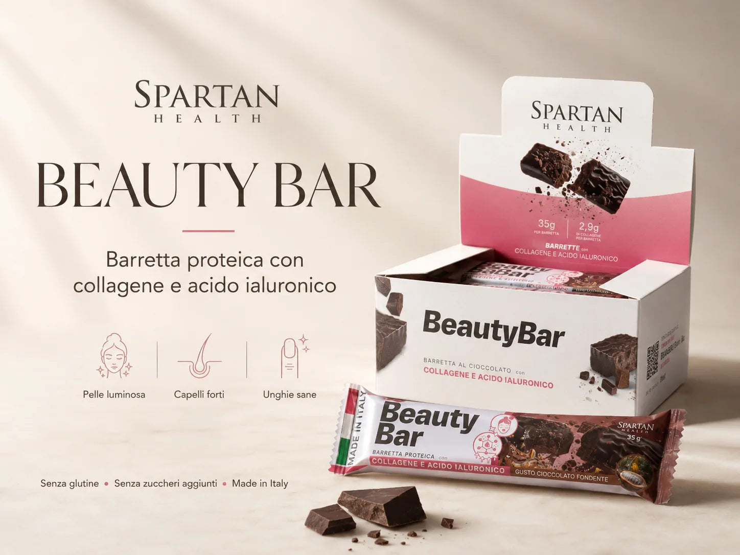 Beauty Bar Spartan Health: barretta proteica con collagene e acido ialuronico, box da 20 barrette
