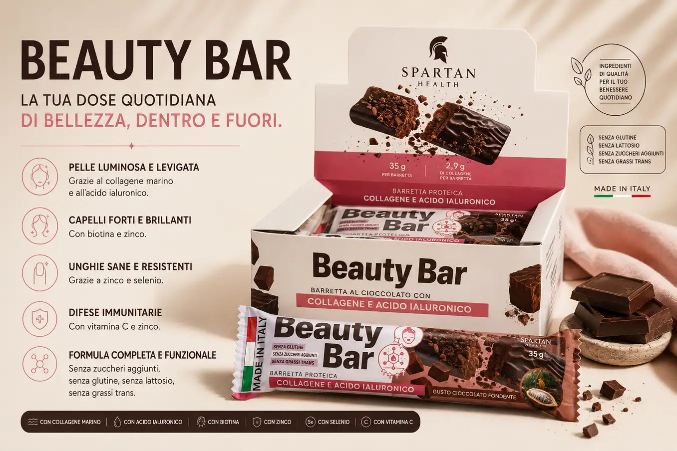 Benefici Beauty Bar: pelle luminosa, capelli forti, unghie sane, difese immunitarie, formula completa