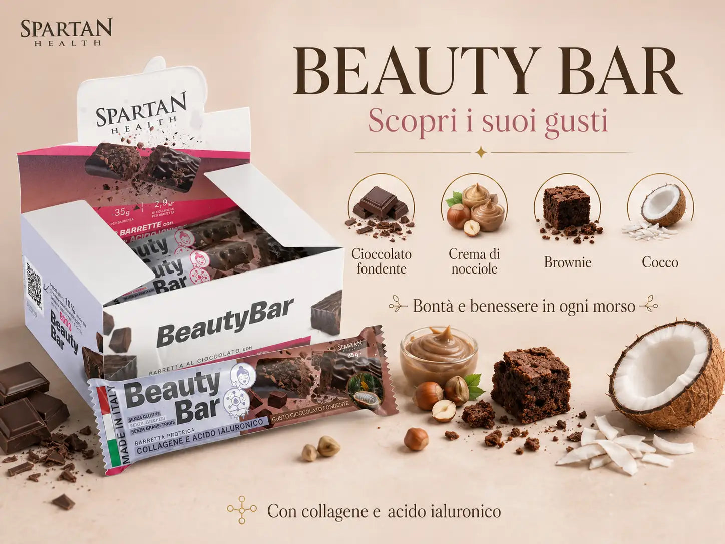 Gusti Beauty Bar: cioccolato fondente, crema di nocciole, brownie e cocco